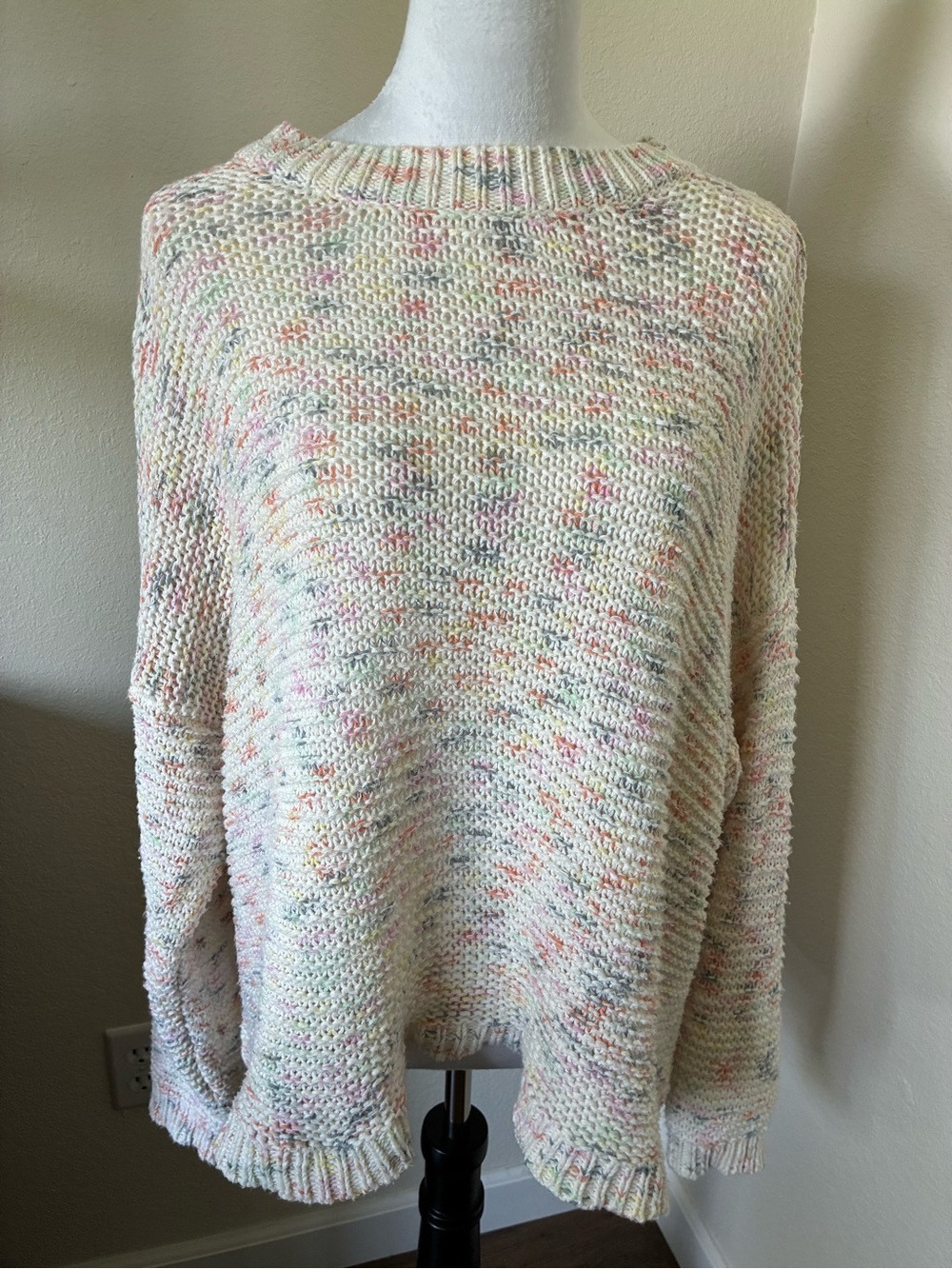aerie Cream Speckled Knit Crewneck Open Back Sweater